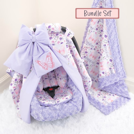 Lilac Pink Butterfly Baby Girl Car Seat Accessories Bundle Set Personalized Pink Embroidery Blanket Car Seat Cover Insert Cushions Etsy
