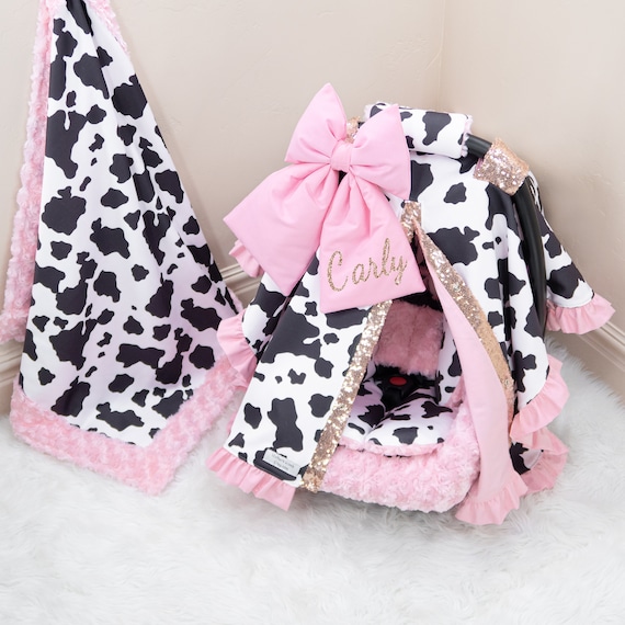 Girly Pink Cow Baby Girl Car Seat Accessories Bundle Set Personalized Rose Gold Embroidery Baby Blanket Car Seat Cover Insert Cushions Etsy Canada