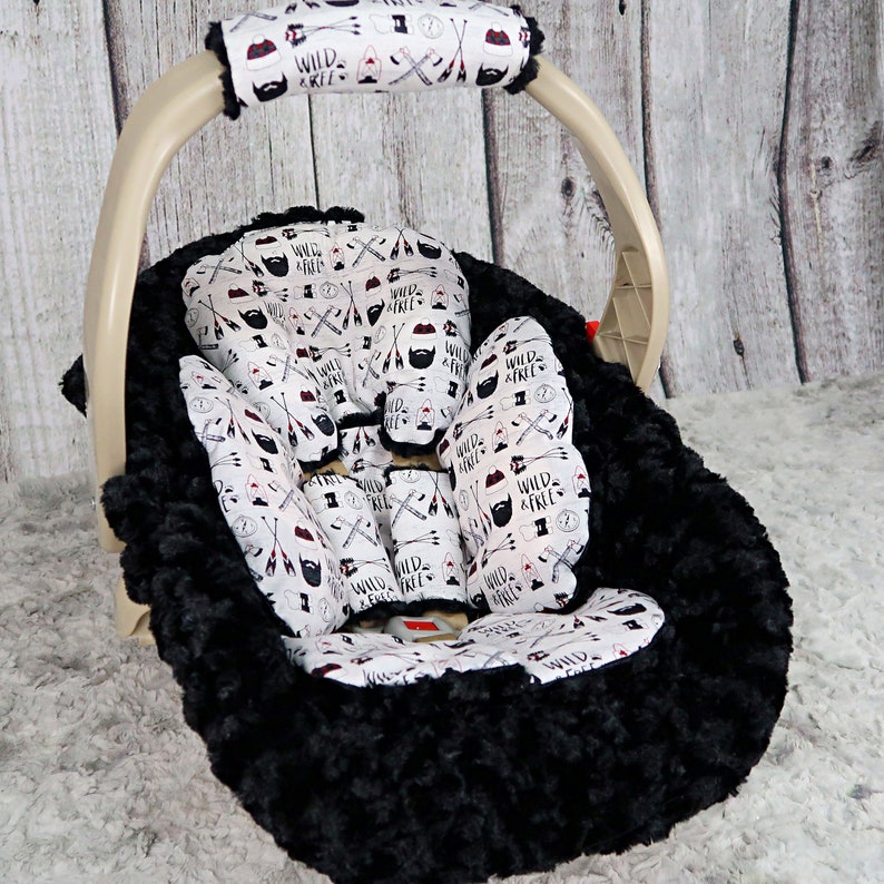 Baby Boy Car Seat Headrest Plaid Lumberjack Baby Boy Shower Gift Car Seat Strap Cushions Black Minky