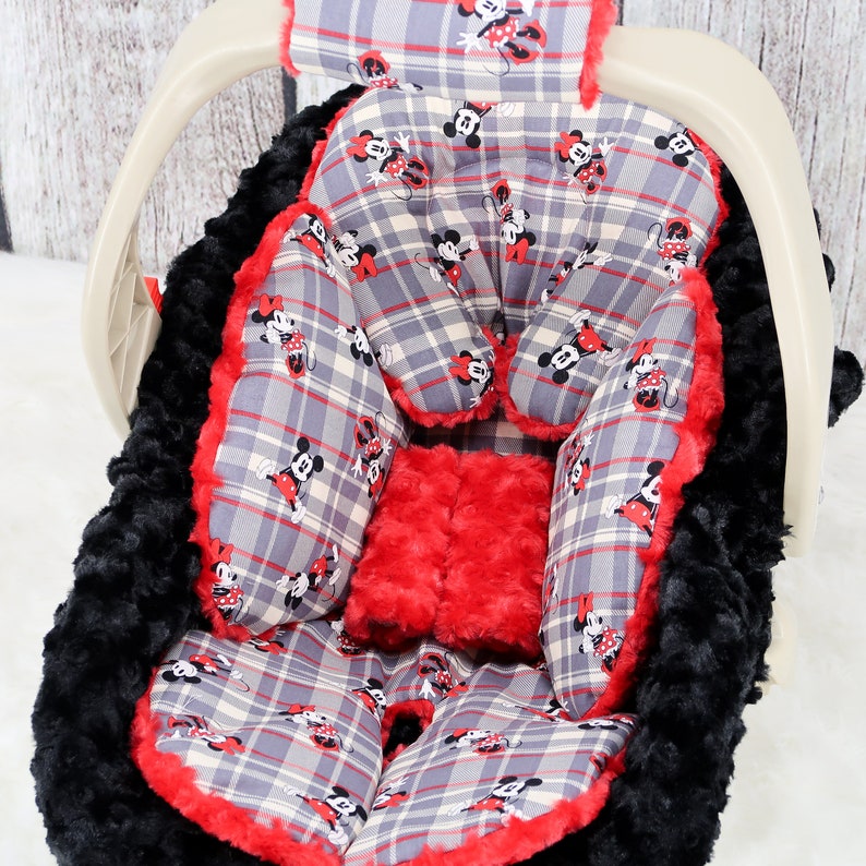 Baby Headrest Cushion Baby Car Seat Bundle Set Red /& Black Plaid Mickey n Minnie Mouse Baby Car Seat Cover Personalized baby Blanket
