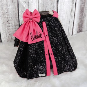 Baby Car Seat Cover - Black Sparkle w/ Solid Hot Pink - Girl Baby Shower Gift - Personalized Girl Car Seat Canopy - Nursing Cover