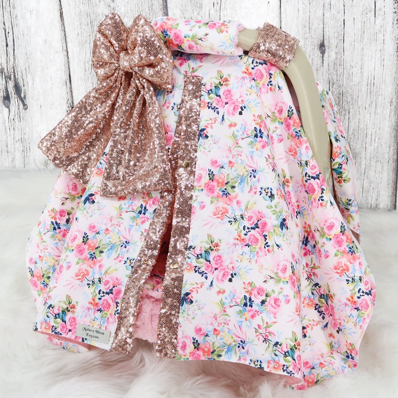 Mini Pink Floral w Rose Gold Sparkle Baby Car Seat Cover Baby Headrest Cushion Baby Car Seat Bundle Set Personalized baby Blanket