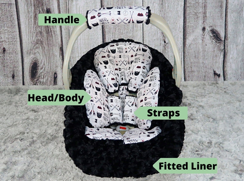 Baby Boy Car Seat Headrest Plaid Lumberjack Baby Boy Shower Gift Car Seat Strap Cushions Black Minky