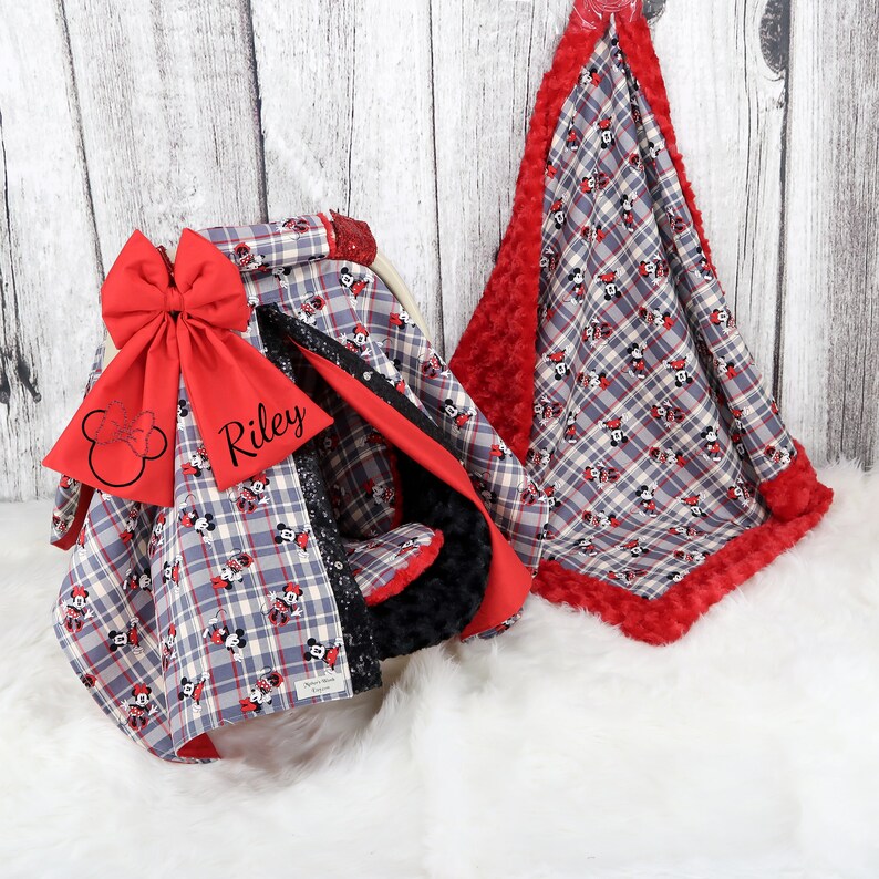 Baby Headrest Cushion Baby Car Seat Bundle Set Red /& Black Plaid Mickey n Minnie Mouse Baby Car Seat Cover Personalized baby Blanket