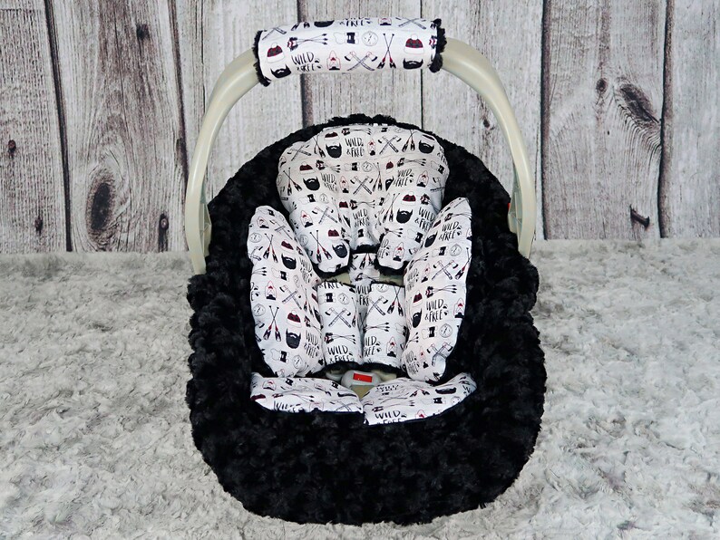 Baby Boy Car Seat Headrest Plaid Lumberjack Baby Boy Shower Gift Car Seat Strap Cushions Black Minky