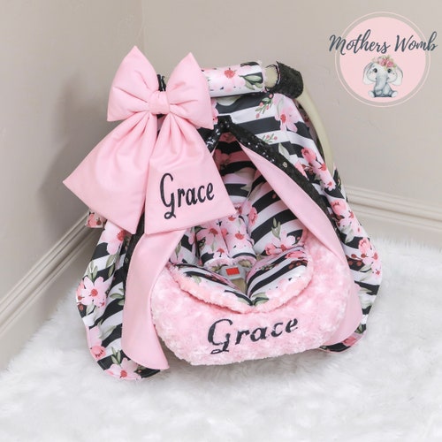 Personalized Baby Car Seat Cover With Pink and Grey Flowers Etsy