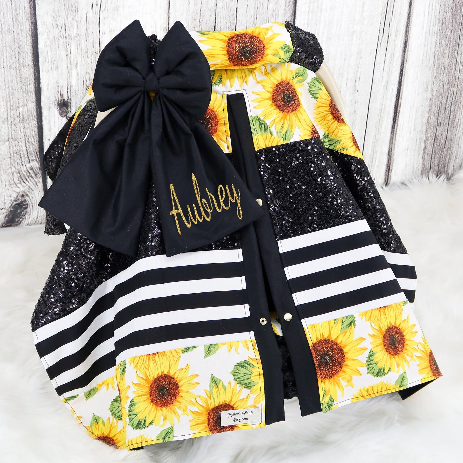 Baby Car Seat Cover Sunflowers & Stripes w/ Black Sparkle | Etsy