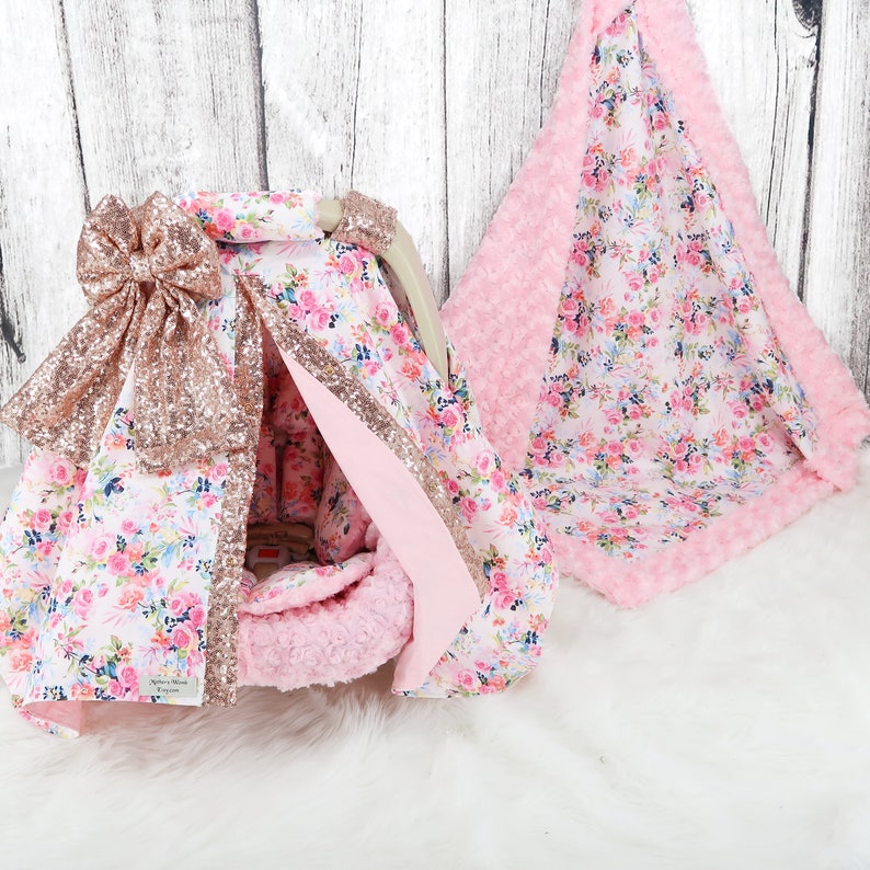 Mini Pink Floral w Rose Gold Sparkle Baby Car Seat Cover Baby Headrest Cushion Baby Car Seat Bundle Set Personalized baby Blanket
