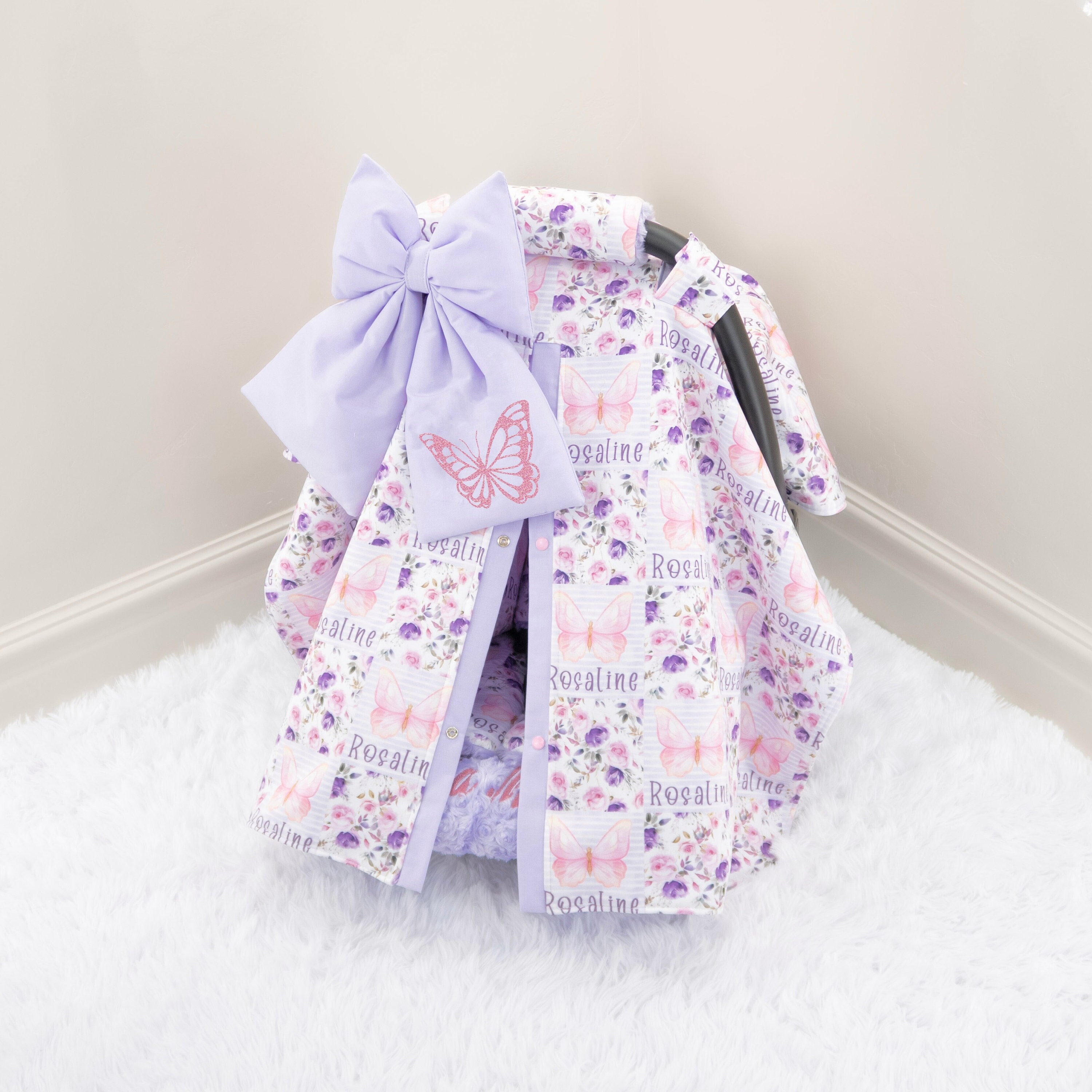Lilac Butterfly Baby Girl Car Seat Cover Canopy - Personalized Name - Gift for Newborn - Baby Car Seat Accessories - FREE SHIPPING