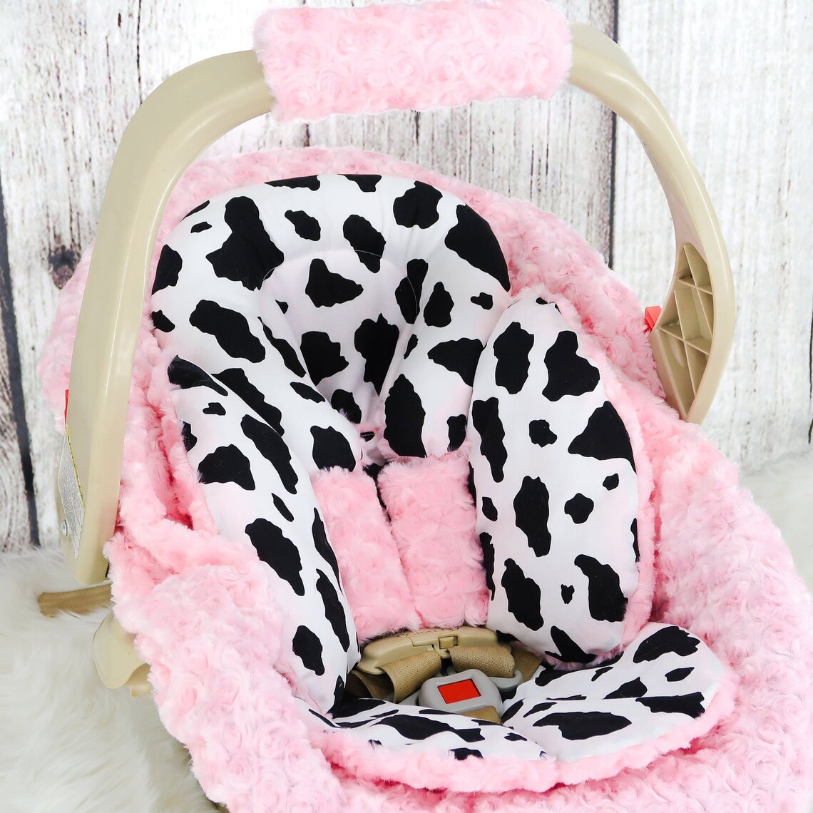 Baby Girl Car Seat Headrest Girly Cow W/ Pink Minky Car Etsy