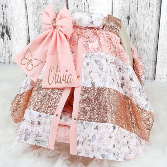 Baby Car Seat Cover Peach Butterflies W/ Rose Gold Sparkle