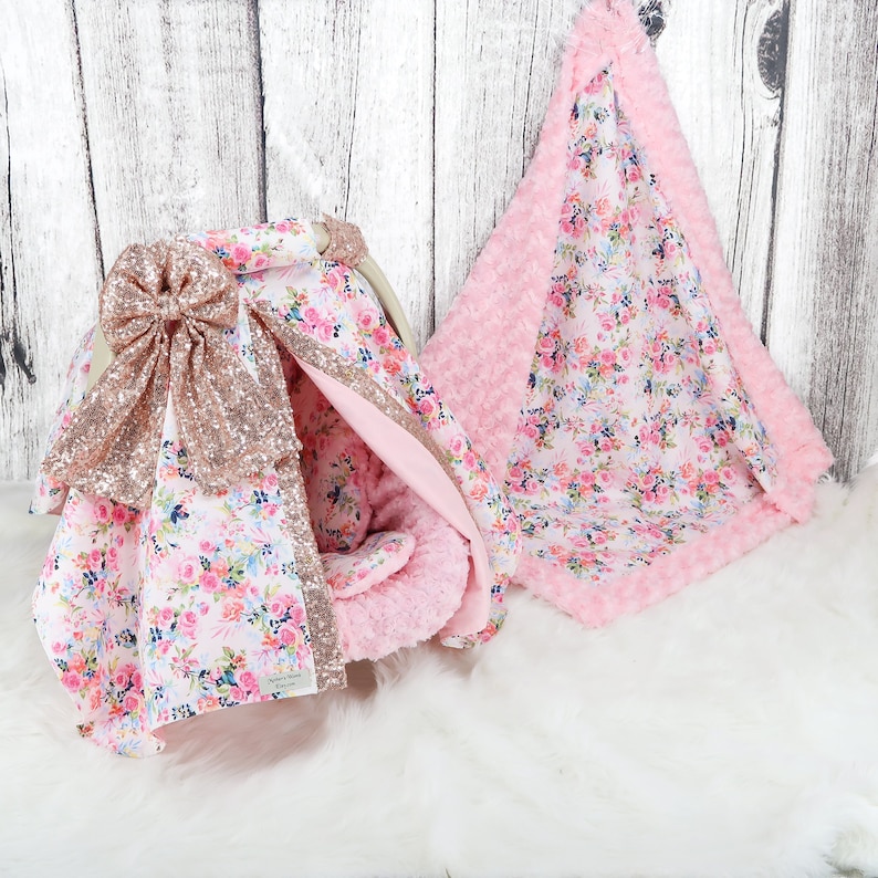 Mini Pink Floral w Rose Gold Sparkle Baby Car Seat Cover Baby Headrest Cushion Baby Car Seat Bundle Set Personalized baby Blanket