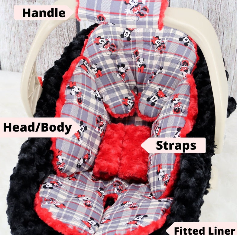 Baby Headrest Cushion Baby Car Seat Bundle Set Red /& Black Plaid Mickey n Minnie Mouse Baby Car Seat Cover Personalized baby Blanket