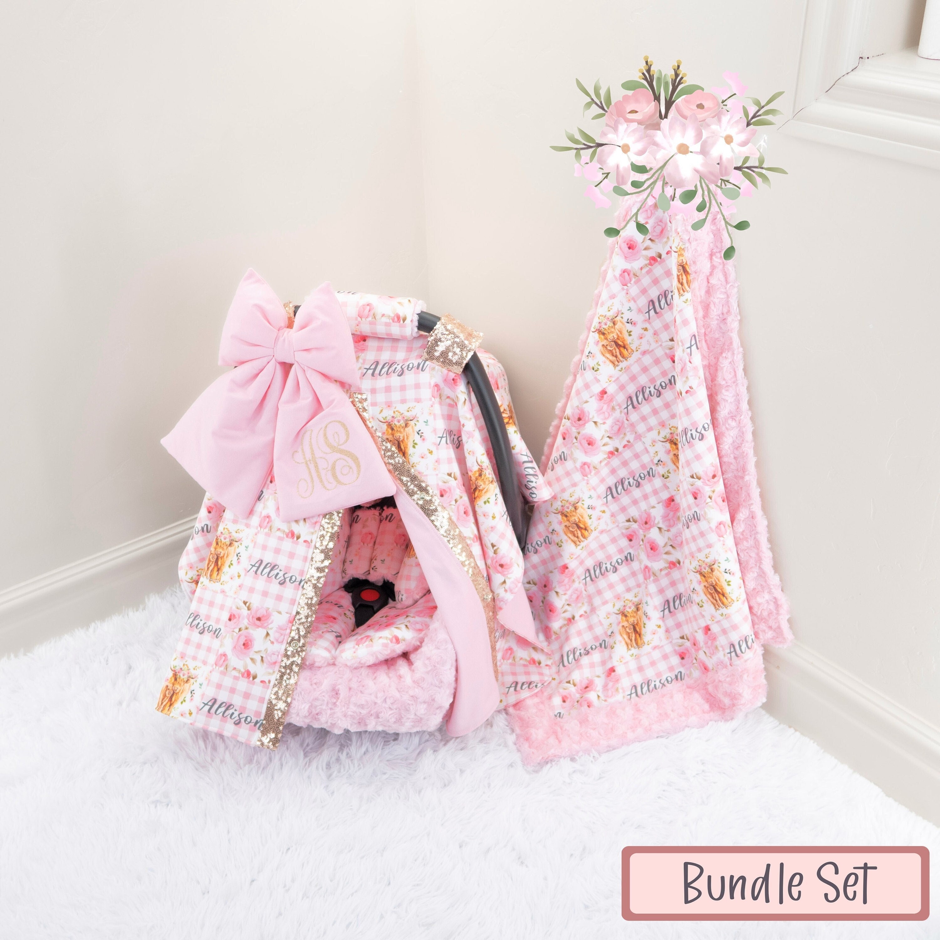 Pink Highland Cows Baby Girl Car Seat Accessories Bundle Set - Personalized Rose Gold Embroidery - Blanket - Car Seat Cover Insert Cushions