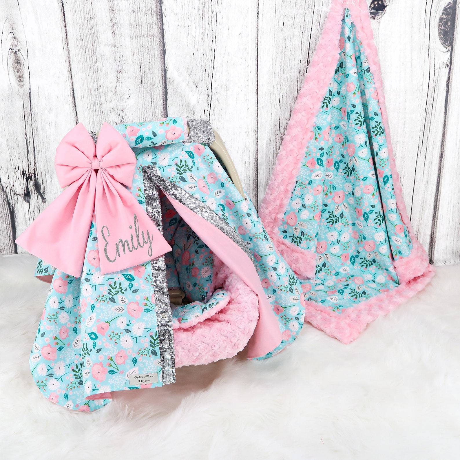 Baby Car Seat Bundle Set Light Blue Floral W/ Silver Sparkle Etsy