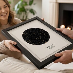 May include: A framed star map print in a black frame. The print shows a black and gold star map and includes text. The image is being held by two people. The print is a decorative item.