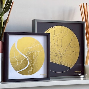 Aangepaste kaart goudfolie print | Metallic Circular Map Elke locatie | Personaliseer voor nieuw huis, paar, bruiloft, jubileumcadeau