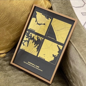 A4 Beliebige Vier Orte Metallic Map Print | Custom Foil Map personalisierter Druck | Folierte Street Art, egal wo | Ungerahmt oder gerahmt