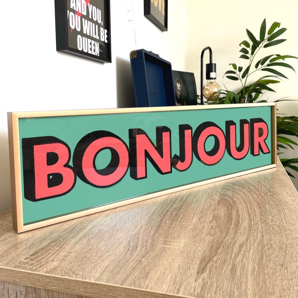 Bonjour Bold Colourful Retro Panoramic Wall Art | New Home Decor Print
