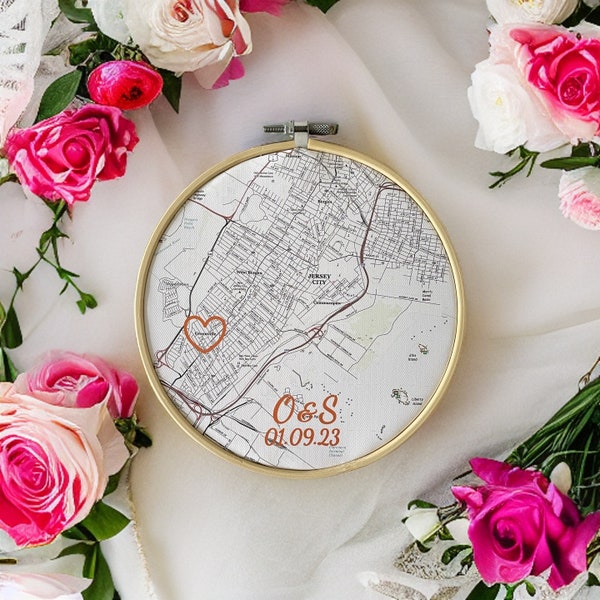 Personalised Cotton Anniversary Map Print in Circular Frame | 2nd Anniversary Print within an Embroidery Hoop | Gift for Husband Wife Couple