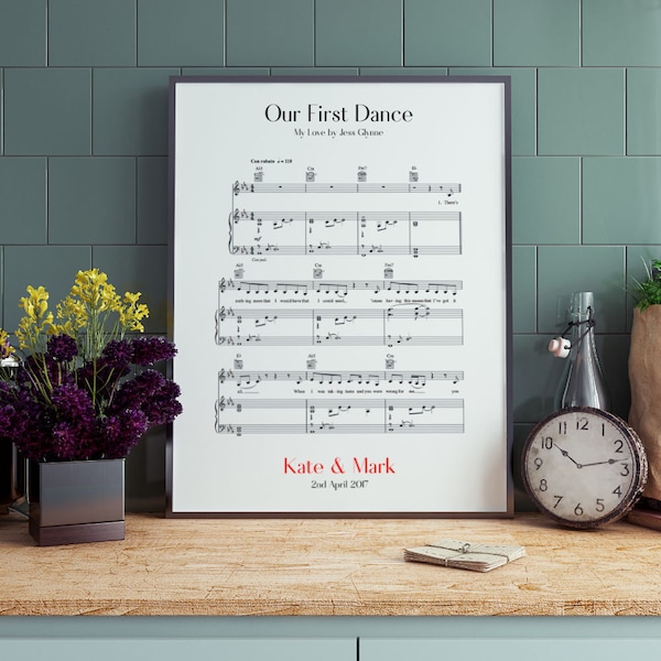 Personalisierte Song Sheet Music Notes Lyrics Print | 1., 2. Jahrestag, Hochzeit, Erster Tanz, Paar Geschenk | Ungerahmt, gerahmt oder Leinwand