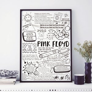 Pink Floyd Song Lyric Album Sketch Print | Framed or Unframed | Doodle Fan Poster Art | Gift For Music Lovers, Birthday, Christmas