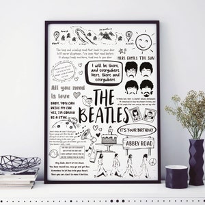 The Beatles Song Lyric Album Sketch Print | Framed or Unframed | Doodle Fan Poster Art | Gift For Music Lovers, Birthday, Christmas