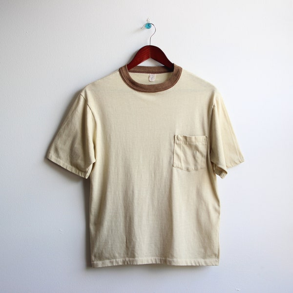 BEIGE POCKET TSHIRT \\ 70s beige ringer t-shirt | 70s pocket t-shirt | galen brand t-shirt | 70s skate shirt | men's medium | thin | vtg