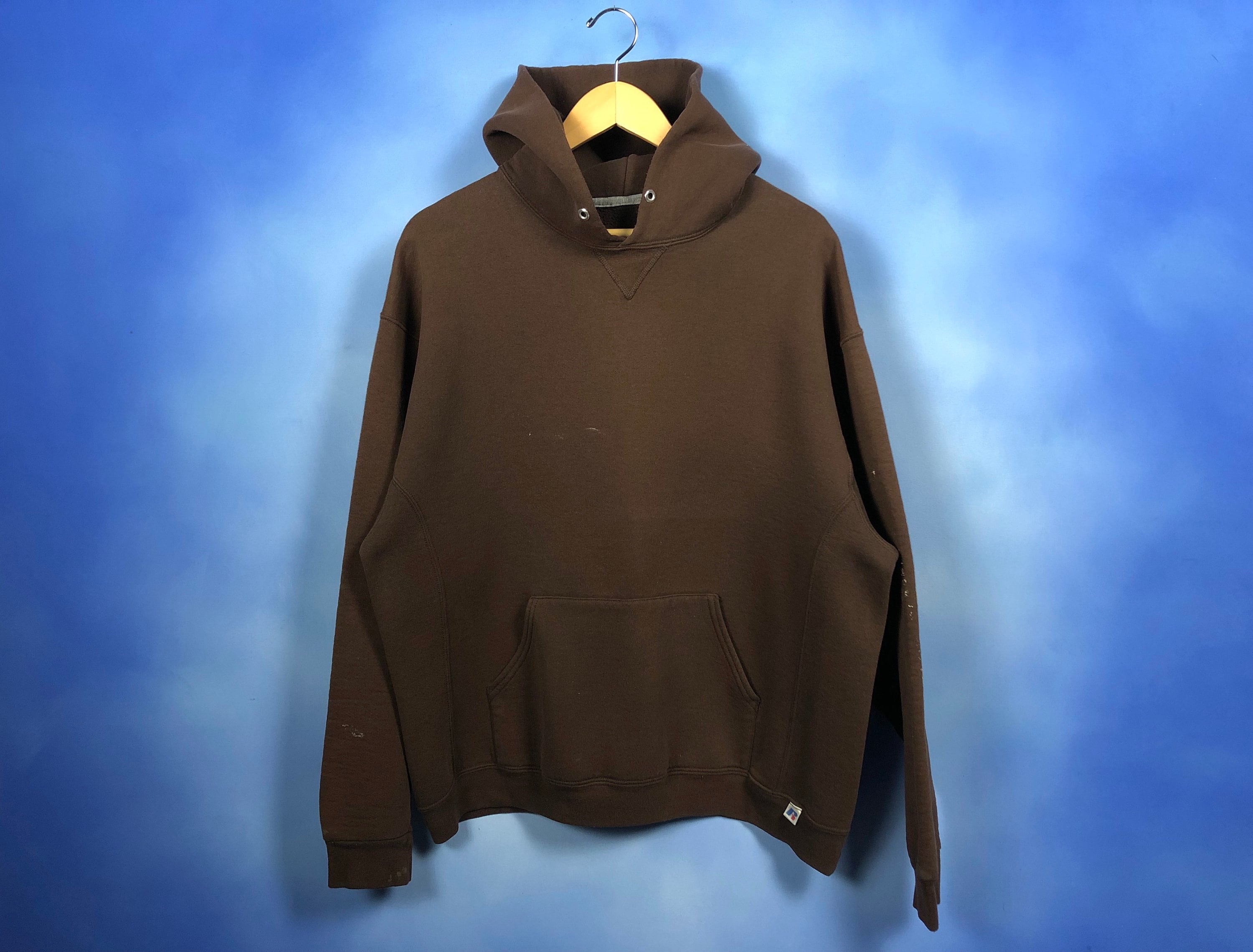 vintage RUSSELL BROWN HOODIE 1990s brown russell hoodie thrashed paint stained hoodie men s medium large boxy hoodie minimalist