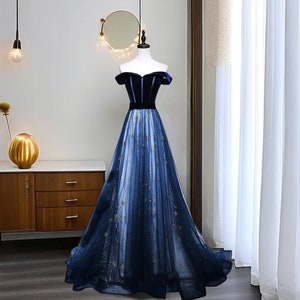 Blue Starry Prom Dress, One -Shoulder Star and Moon Evening Dress, Coming of Age Gown, High School Dancing Dress, Graduation Ball