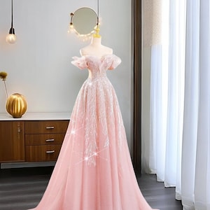 Fairy Pink Shinning Prom Dress With Zircons, Soft Tulle Tailing Dress, Pretty Birthday Party Gown, Pink Evening Dress, Graduation Ball Gown