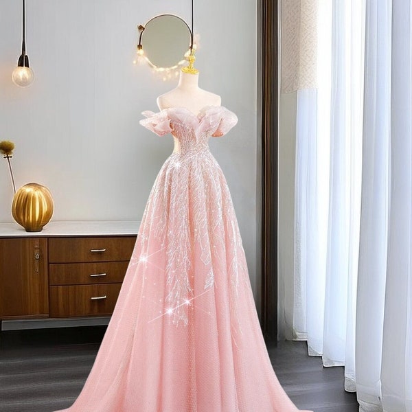 Fairy Pink Shinning Prom Dress With Zircons, Soft Tulle Tailing Dress, Pretty Birthday Party Gown, Pink Evening Dress, Graduation Ball Gown