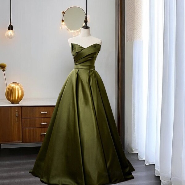 Temperament Dark Green Prom Dress, Light Luxury Satin Evening Dress, Temperament Tube Top Prom Gown, High School Graduation Ball