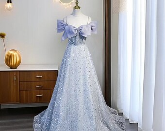 Super Fairy Shinning Prom Dress, Light Gray Sparkle Evening Dress, Bow Decor Birthday Gown, Coming of Age Ball, Graduation Evening Dress