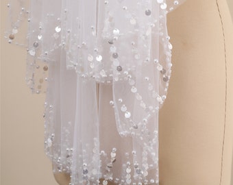 Sequins Bridal Veil, Crystals Wedding Veil, Pearls Veil with Rhinestones, Veil Fingertip, Bridal Veil with Beads and Pearls, Shinning Veil