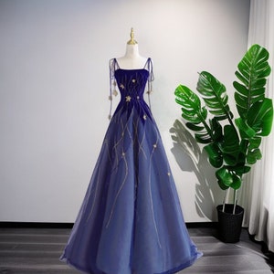 Fairy navy blue prom dress 3D star high-end banquet wedding annual meeting art examination host catwalk wedding dress evening dress
