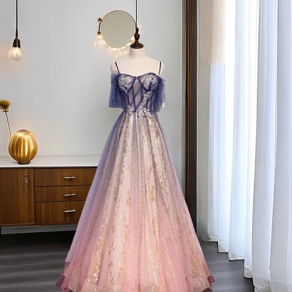 Pink Gradient Tulle Prom Dress, Suspended Evening Dress, Palace Style Graduate Ball Gown, High School Dancing Dress, Princess Dress
