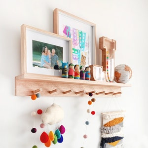 Peg Rail With Shelf - Nursery wall shelf, Shelves for nursery, Kids Wall Shelf, Floating Shelf for Kids Room, Coat Rack, Wooden Wall Shelf