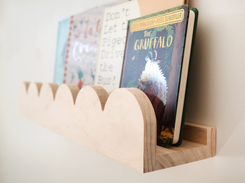 Wall Scallop shelf Wooden scalloped bookshelf, Arch Bookshelf, Picture Ledge, Gift for New Mum, Nursery Book Shelves, Floating bookshelves image 1