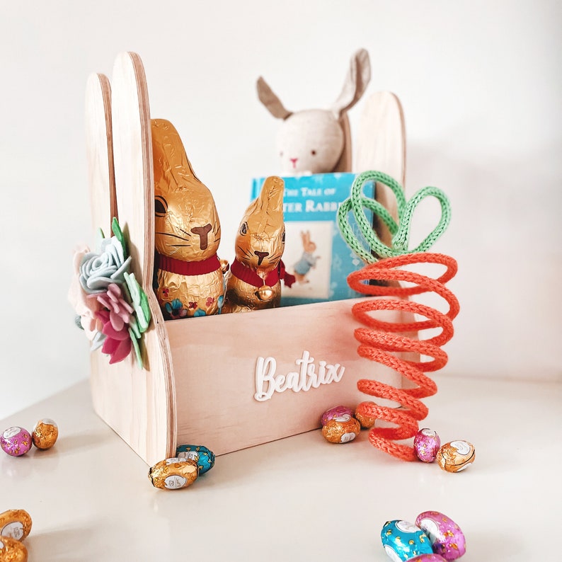 Easter Basket Easter Bunny Basket, Easter Bunny Box, Personalised Easter Basket, Wooden Easter Basket, Kids Easter Gift, Easter Egg Holder image 1