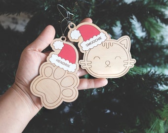 Pet Christmas Ornament (Santa Hat) - Cat Christmas Ornament, Dog Paw Ornament, Dog Christmas Ornament, Custom Pet Ornament,