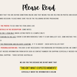 May include: A cream-colored page with black handwritten text. The text reads "Please Read" at the top, followed by instructions for online shoppers. It includes a highlighted yellow box with the text "This isn't what I expected moments".