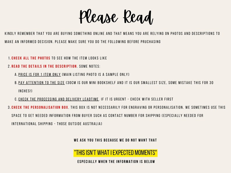 May include: A cream-colored page with black handwritten text. The text reads "Please Read" at the top, followed by instructions for online shoppers. It includes a highlighted yellow box with the text "This isn't what I expected moments".