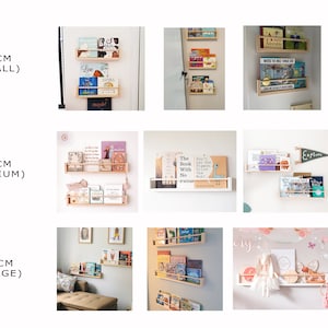 May include: Three different sizes of wooden book shelves, 40 cm (small), 60 cm (medium), and 80 cm (large). The shelves are made of natural wood and have a simple design. They are perfect for displaying books, toys, or other decorative items.