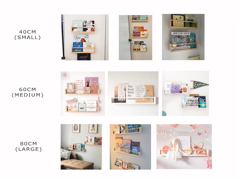 May include: Three different sizes of wooden book shelves, 40 cm (small), 60 cm (medium), and 80 cm (large). The shelves are made of natural wood and have a simple design. They are perfect for displaying books, toys, or other decorative items.