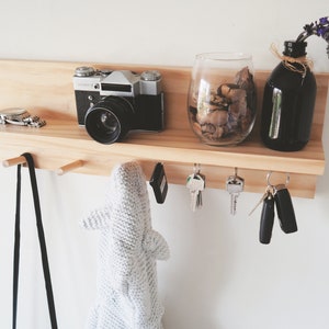 Coat Rack with shelf and magnetic key holders - Fathers Day Gift, Key Holder for Wall, Peg Rack, Peg Rail, Wall Coat Rack, Entryway shelf