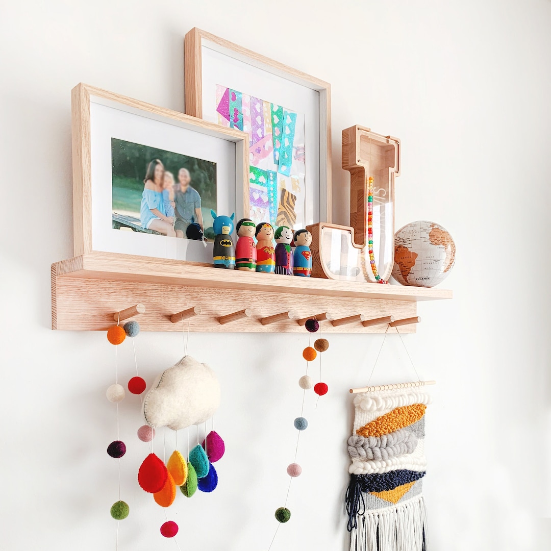 Peg Rail With Shelf Nursery Wall Shelf, Shelves for Nursery, Kids Wall