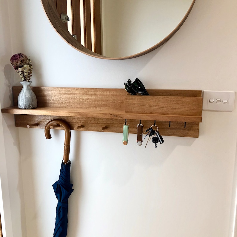 Entryway Organiser with hook key holder All In One wall mount coat rack, mail holder, entryway shelf, timber shelf, Entryway Organizer image 5