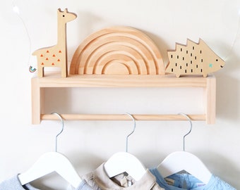 Clothes Rack for Kids - baby clothes hanger Nursery Shelves with rod for clothing, Clothing Rail, Wooden Children's clothing rack