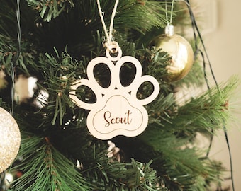 Hundepfote Ornament (personalisiert) - Hundepfote Weihnachtsbaumschmuck, Haustier Holzkugel, Weihnachtsbaumschmuck, Weihnachtsbaumschmuck